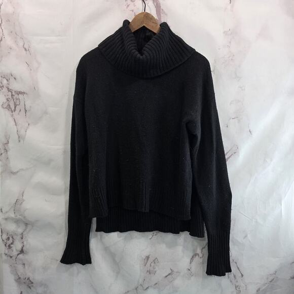 By Anthropologie Sweater Womens XS Black Turtleneck Side Slits Boxy Oversized - Picture 1 of 10